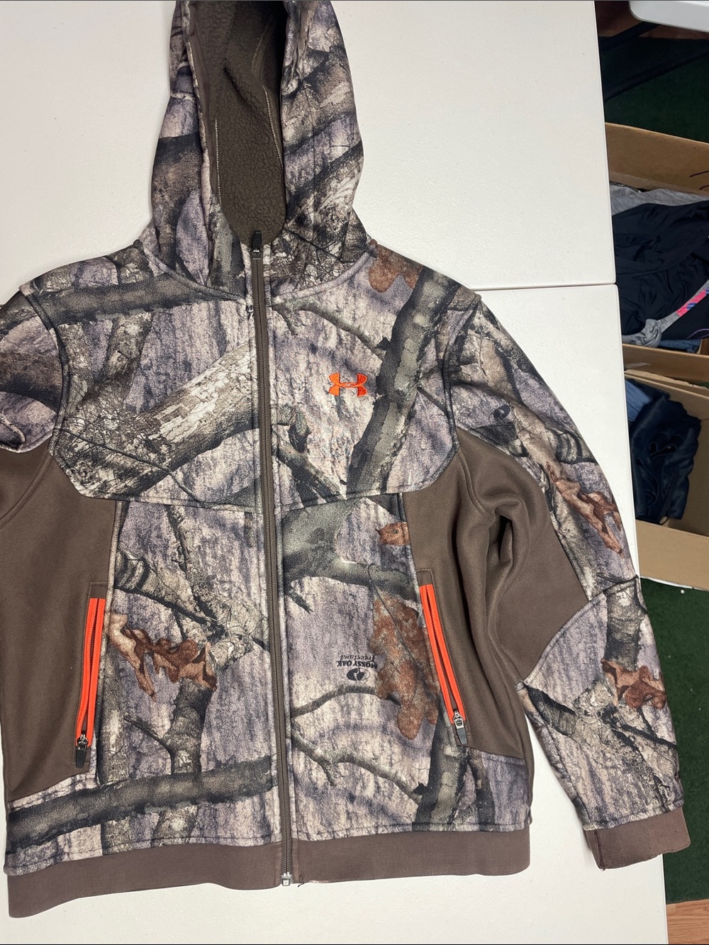 Under Armour Boys' Camo Hooded Puffer Jacket - Brown with Orange Accents